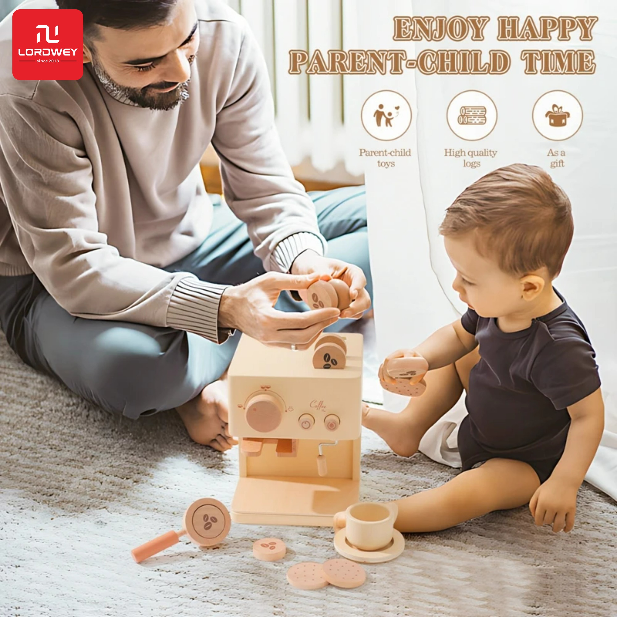 โมเดลฟิกเกอร์ อาร์ตทอย กล่องสุ่มของสะสม ของเล่นและโมเดลสะสม LORDWEY | Baby Wooden Coffee Maker Toys Set Kids Early Education Encourages Imaginative Playset Infant Pretend Play House Accessories Gift