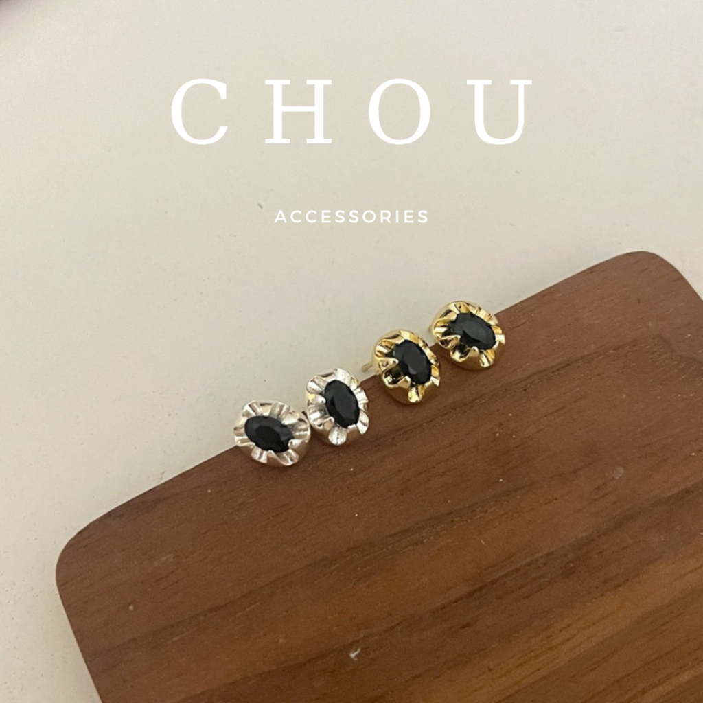 Bông tai, khuyên tai bọc hạt đá zircon đen | chou accessories |