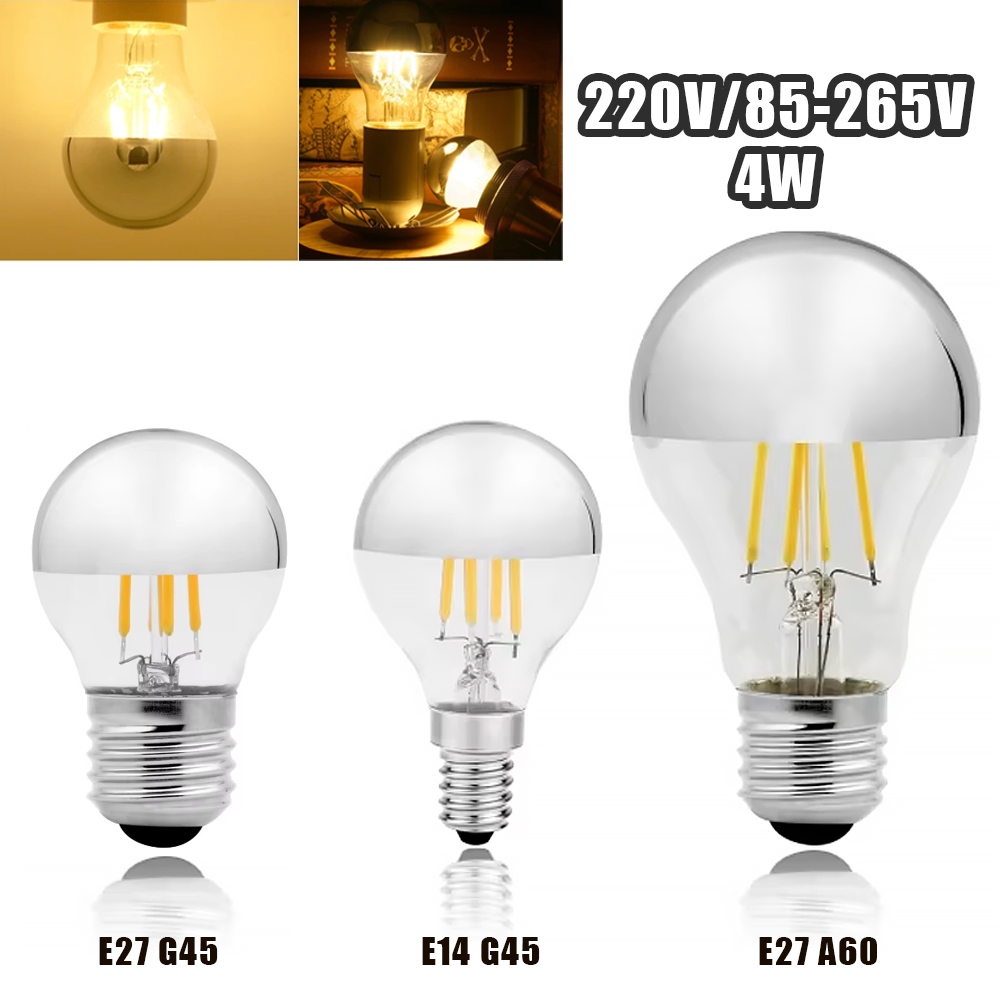 A60 Bóng Đèn Led Edison E27 4W 220V 85-265V Top Bạc Bát nhỏ giọt sợi bóng đèn LED nửa Chrome G45 vương miện cổ điển đèn chiếu sáng màu trắng ấm 2700K
