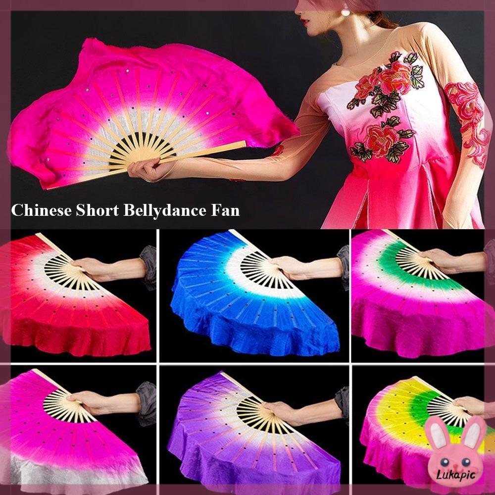 LUKAPIC 40cm Giả Dài Màu chuyển sắc Quạt tơ nhân tạo Quạt lụa Quạt lụa dài Quạt múa bụng