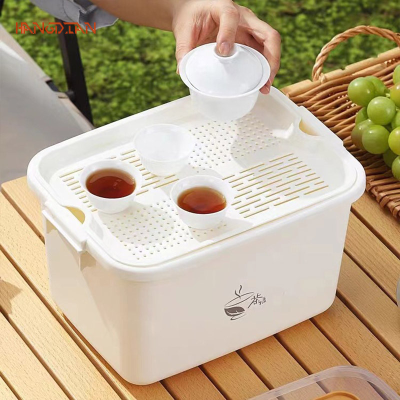 HANGDIANTrà Bộ ấm trà lưu trữ hộp thoát nước chống bụi lưu trữ hộp di động ngoài trời đa chức năng lưu trữ hộp