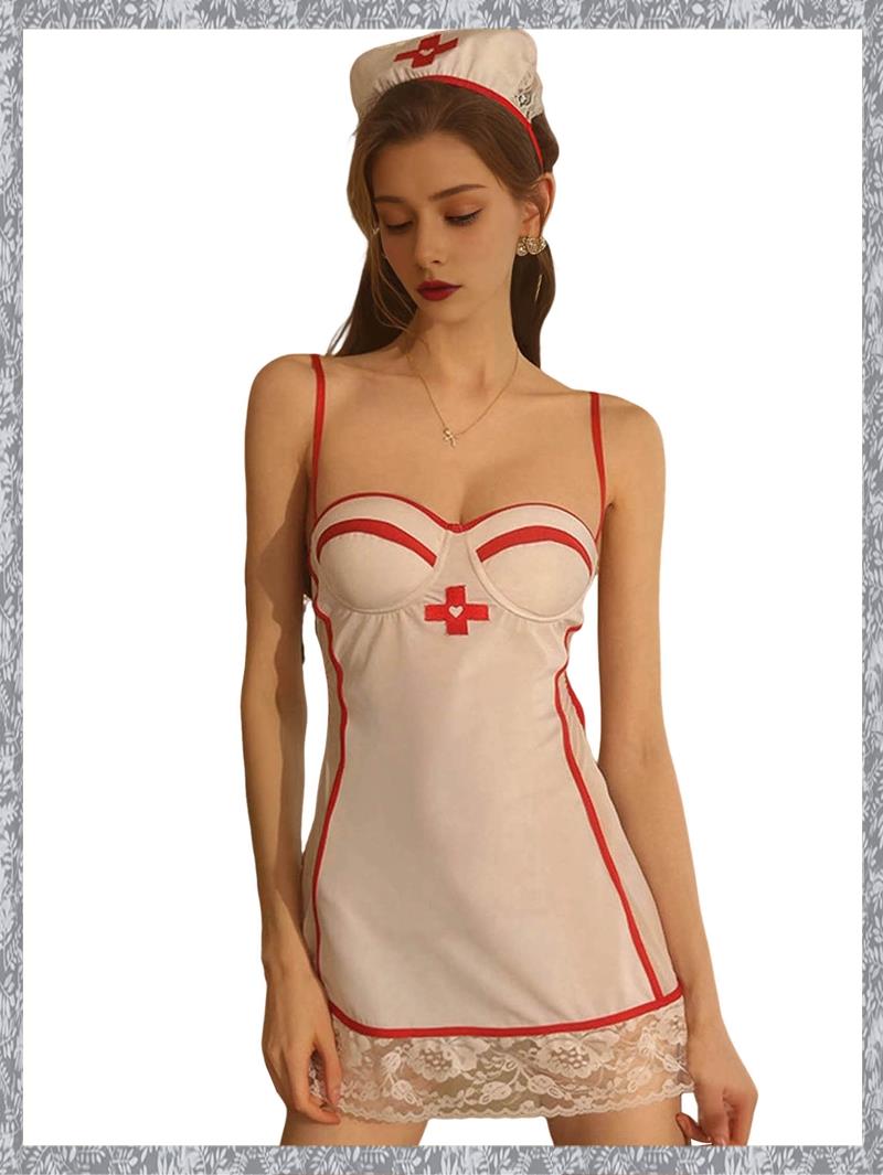(OYBE) Women Sexy-Nurse 3Pcs Roleplay Nurse Uniform Suit Babydoll Set Raves Halloween Outfits Tight