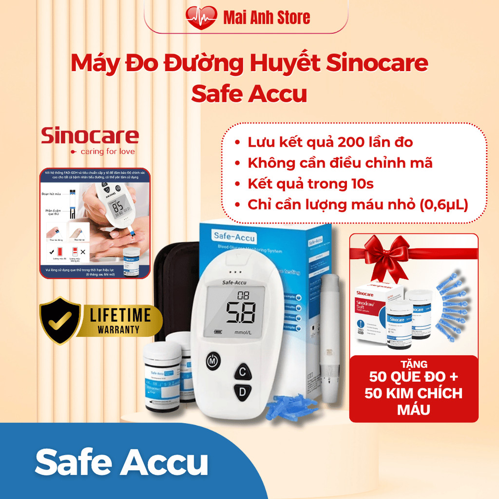 Máy Đo Đường Huyết Safe Accu Chính Hãng SINOCARE Giá Rẻ Tặng Kèm 50 Kim Que Thử + 50 Kim