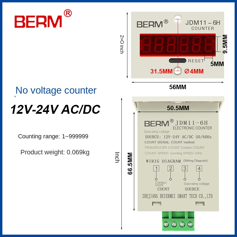 Bộ Đếm Điện Tử BERM JDM11-6H/5H Cao Cấp Có Bộ Nhớ Khi Mất Điện – Công Nghiệp, Tự Động Hóa - 12-24V AC/DC