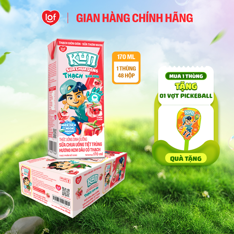 Kun Sữa chua uống hương Kem Dâu có Thạch thùng 48 hộp x 170ml