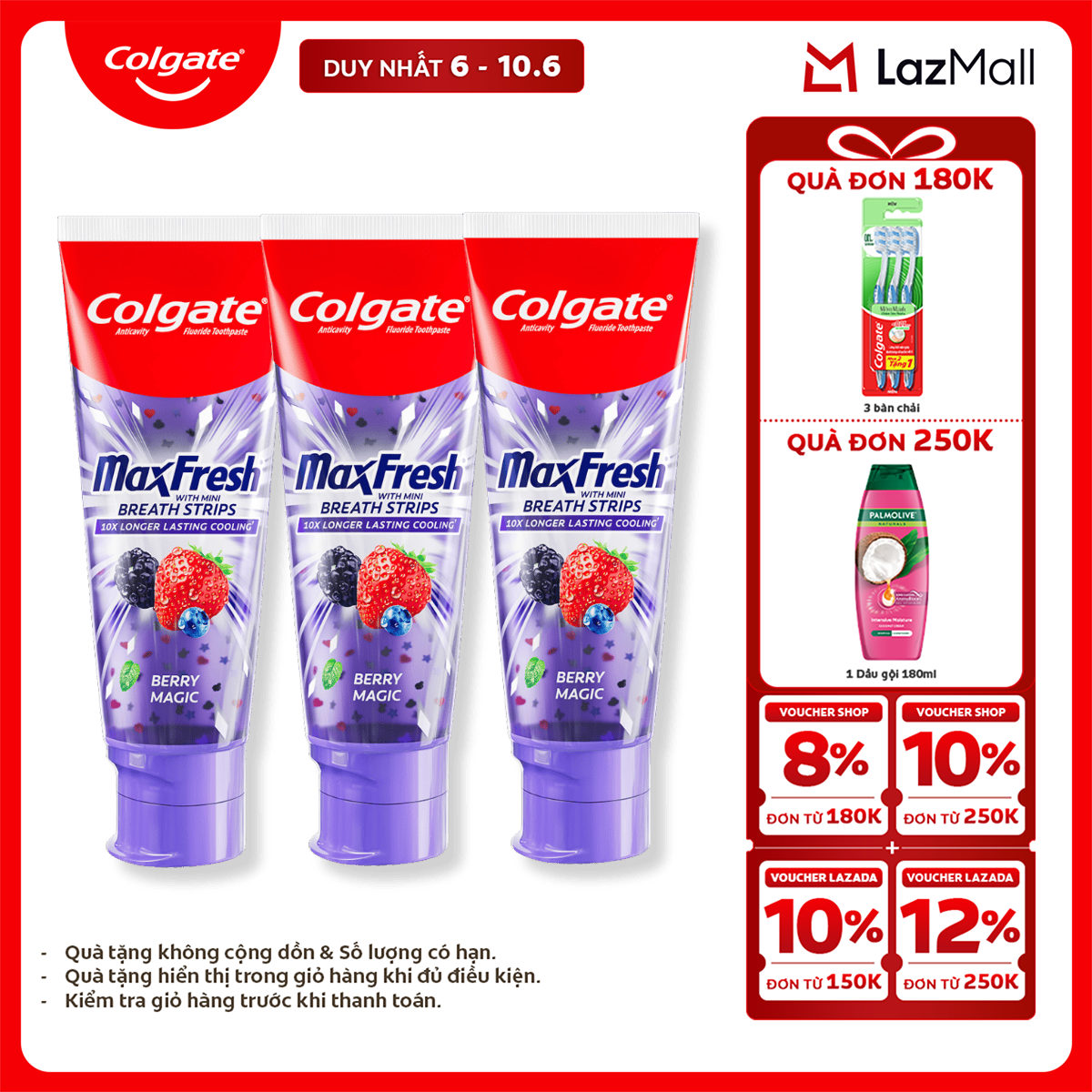 [Chỉ 6-10.6_X2 Voucher giảm 22%] [MỚI] Bộ 3 Kem đánh răng Colgate MaxFresh hương nhiệt đới, tinh thể cầu vồng the mát 100g/tuýp