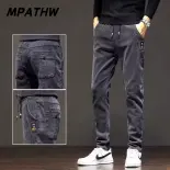 MPATHW  Quần jeans nam kiểu thắt lưng đàn hồi, phong cách thời trang mùa thu 2025 dáng rộng với dây rút