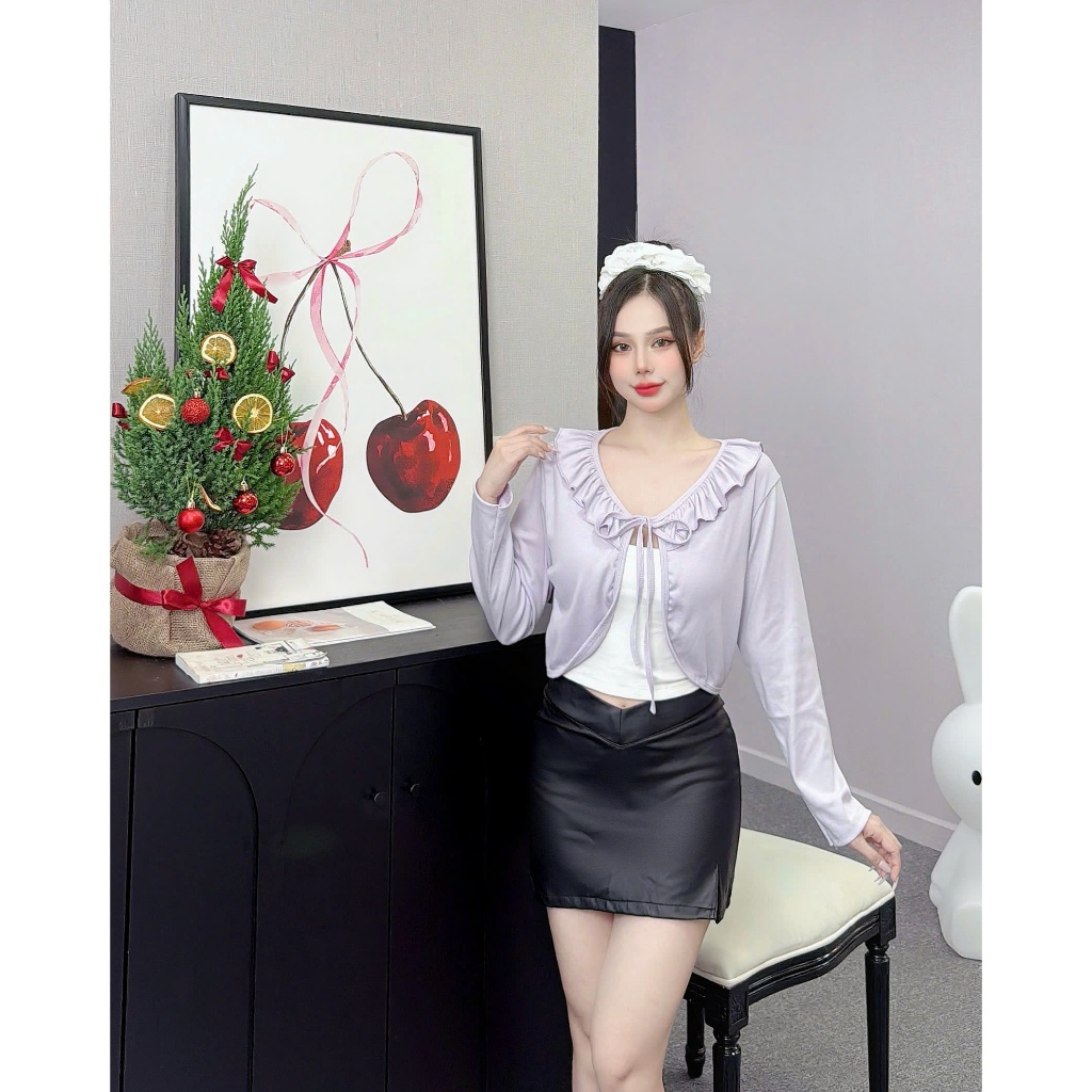 Áo khoác Cadigan nữ thun ren sọc mỏng form ngắn, dài tay viền bèo thắt nơ