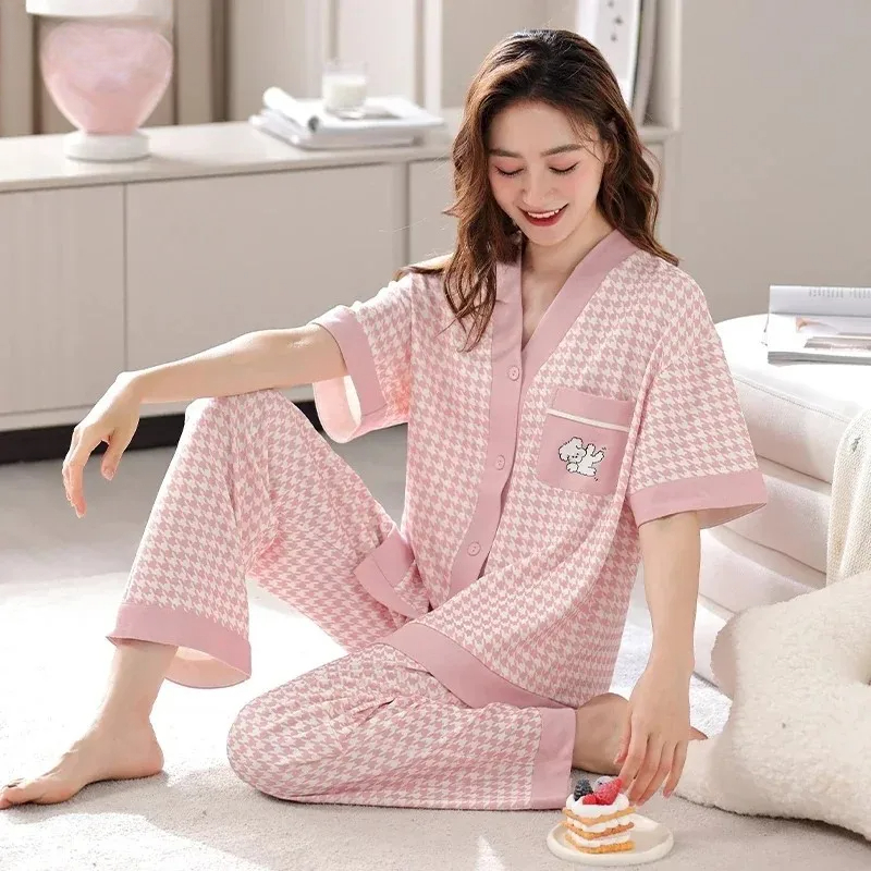 Ready stock）Women Clothing M-3XL Summer Cotton Panda Pajamas Casual Short Sleeve Kimono Cardigan Sleepwear Cartoon Nightwear Female Loungewear