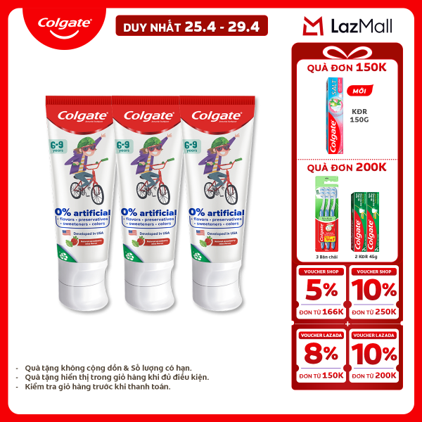 [Chỉ 25-29.4_X2 Voucher giảm 20%] Bộ 3 Kem đánh răng Colgate Kid Free From dành cho trẻ em 6-9 tuổi không hương liệu và chất bảo quản 80g