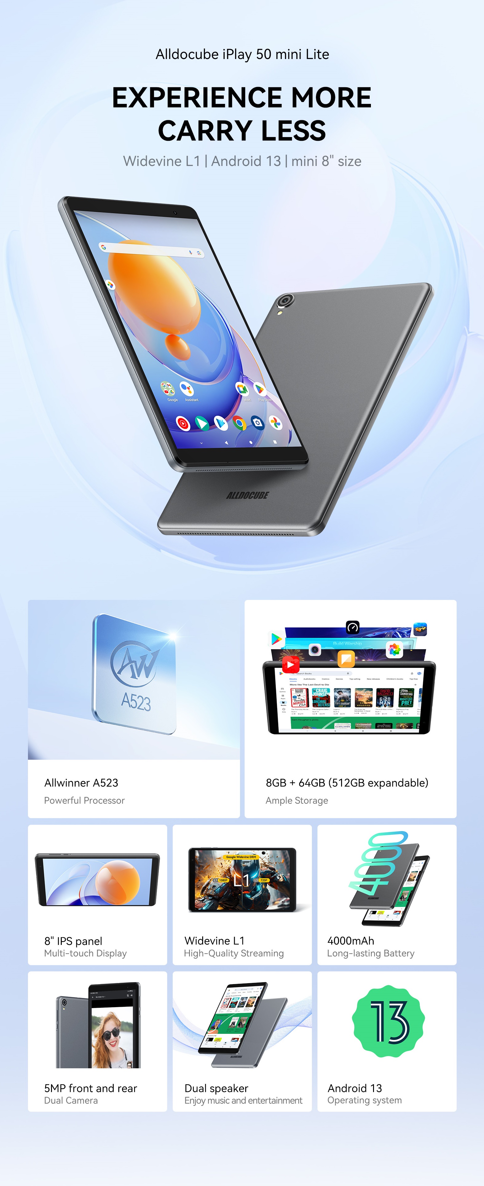Alldocube iPlay 50 Mini Lite Tablet, Android 13, Allwinner A523 Octa-core  2.0GHz, 8 inch 1280 x 800 IPS Screen 