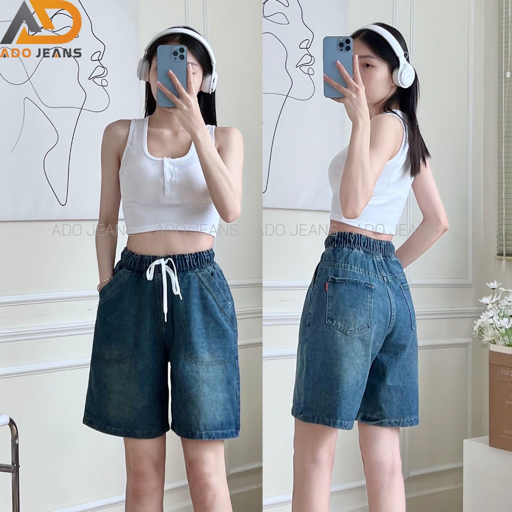 Quần ngố Jean lưng chun dây thắt, lưng thun co giãn có bigsize thương hiệu ADO JEANS (mã SJ111)