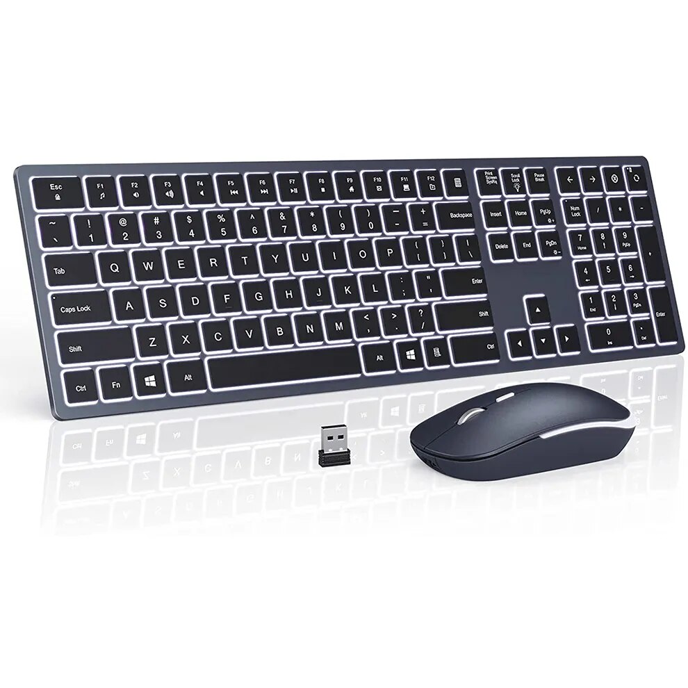 Bàn phím không dây có đèn nền và combo chuột 2.4G USB im lặng Bộ bàn phím có thể sạc lại kích thước đầy đủ Bàn phím mỏng và chuột
