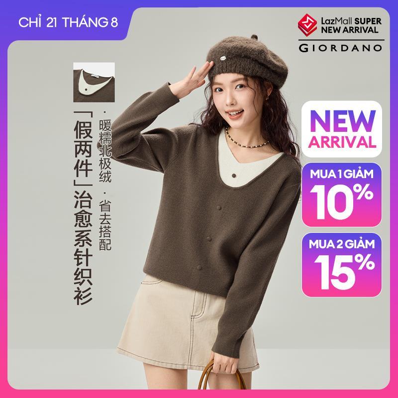 GIORDANO Women Sweaters Contrast Fake Two-Piece Sweaters U-Neck Button Accents Fashionable Casual Sweaters 13356631