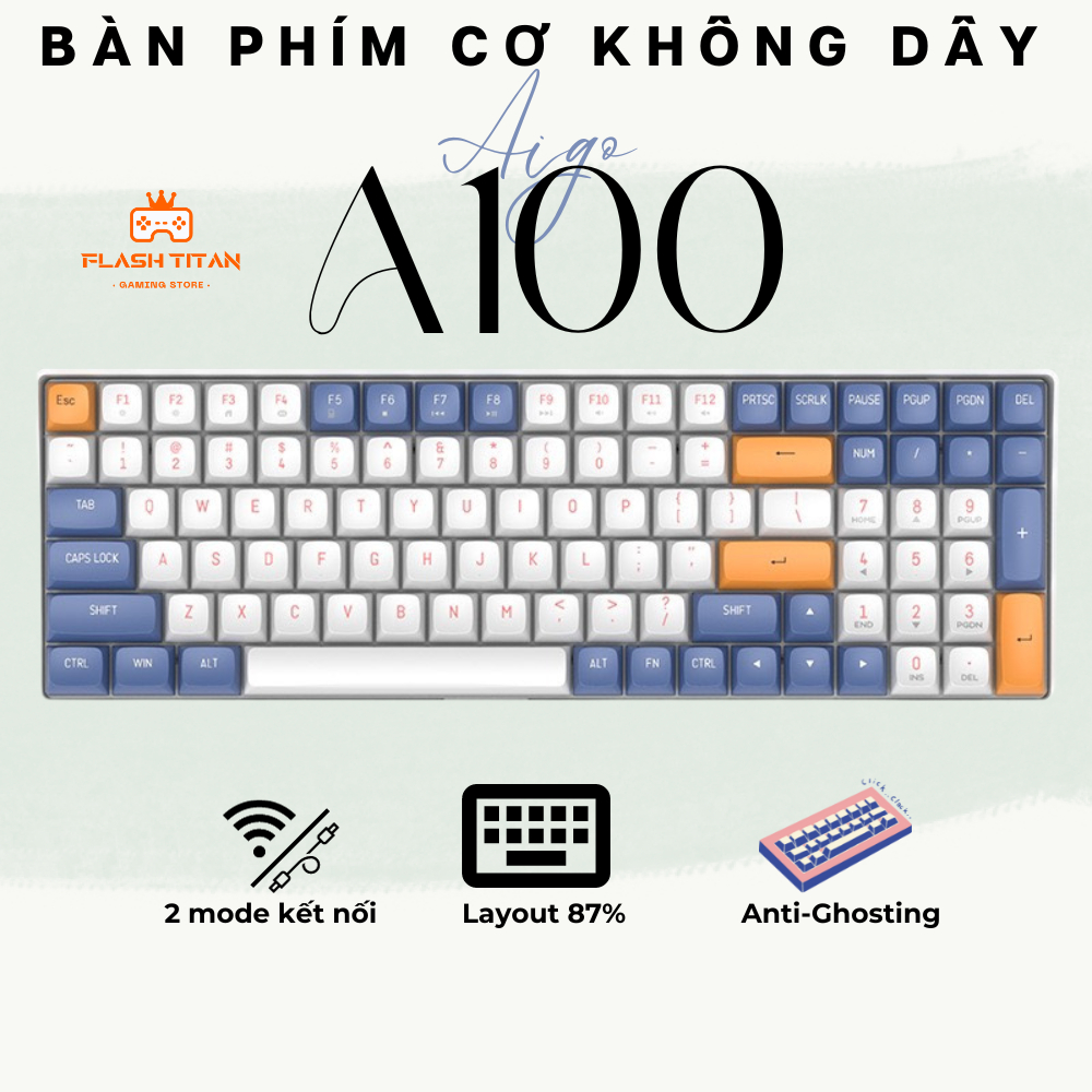 Bàn phím cơ không dây  AIGO A100 - Kết nối 2 chế độ - Có Hotswap - Switch đã được pre-lube - Bảo hàn