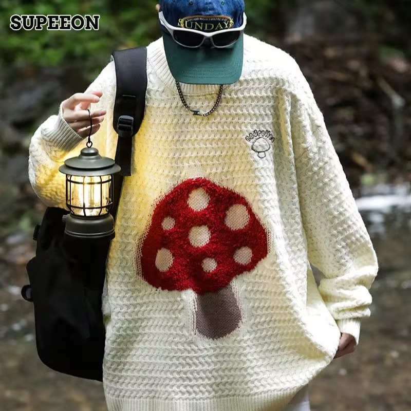 SUPEEON Mushroom print sweater Crewneck sweater Long