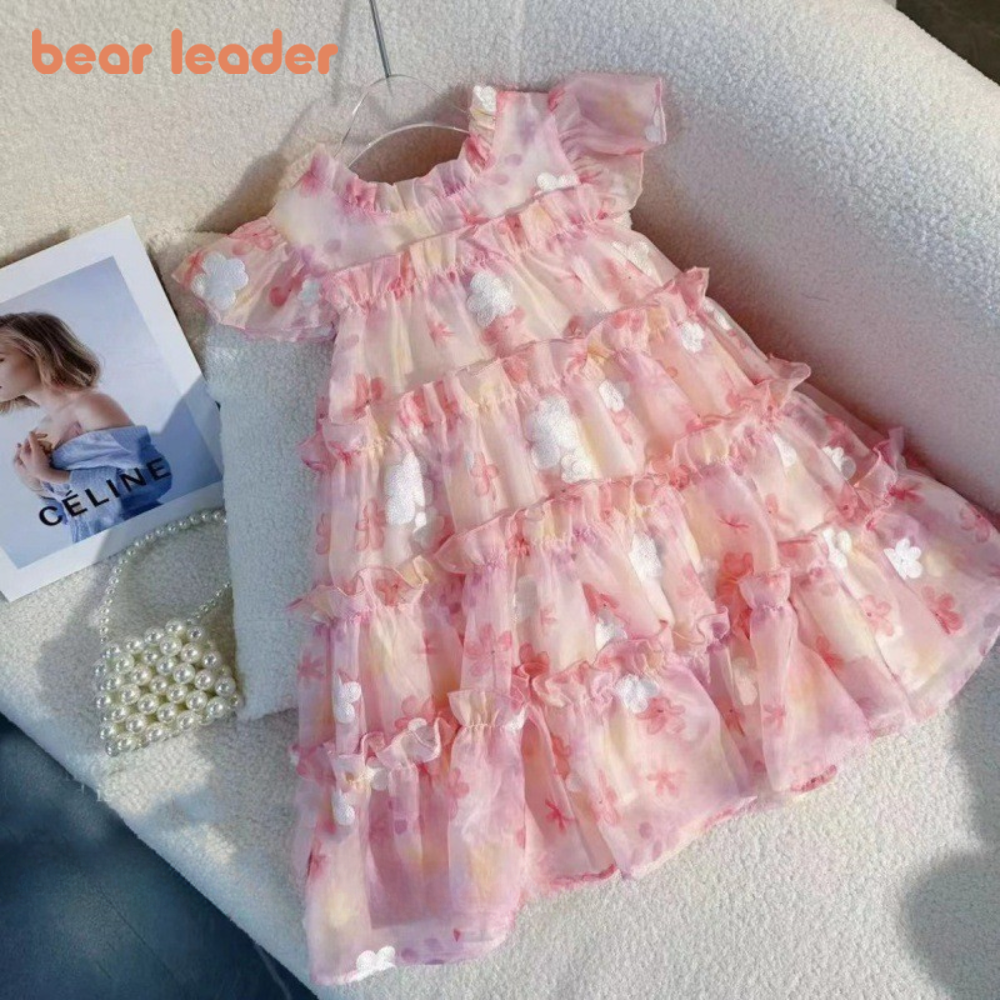 WGB Bear Leader Baby Girl's Princess Dresses Summer Flower Print Mesh Cake Dress for Kids Clothes Ou