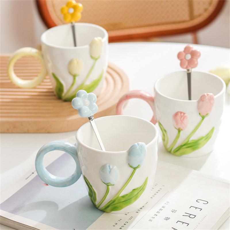 Ins Style Tulip wer Ceramic Mug Three-dimensional Design Creative Relief Girl Heart Coffee Cup Birthday Valentine's Gift Cups, Mugs & Saucers ราคา 709 บาท*ส่งฟรี