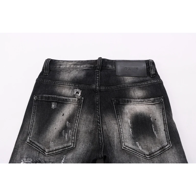 【A Popular】  Street Fashion Men Jeans Retro Black Gray Elastic Stretch Slim Fit Hole Ripped Jeans Men Patched Designer Hip Hop Brand Pants