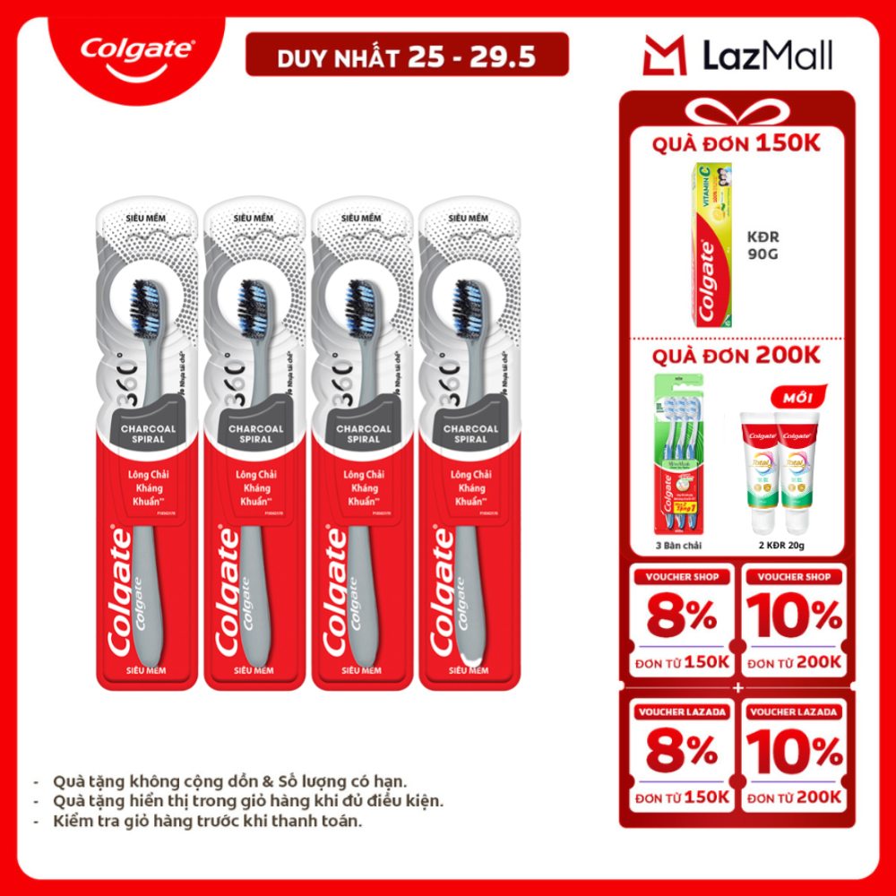 [Chỉ 25-29.5_X2 Voucher giảm 20%] Bàn chải Colgate 360 than hoạt tính kháng vi khuẩn Charcoal Spiral lông chải xoắn kép