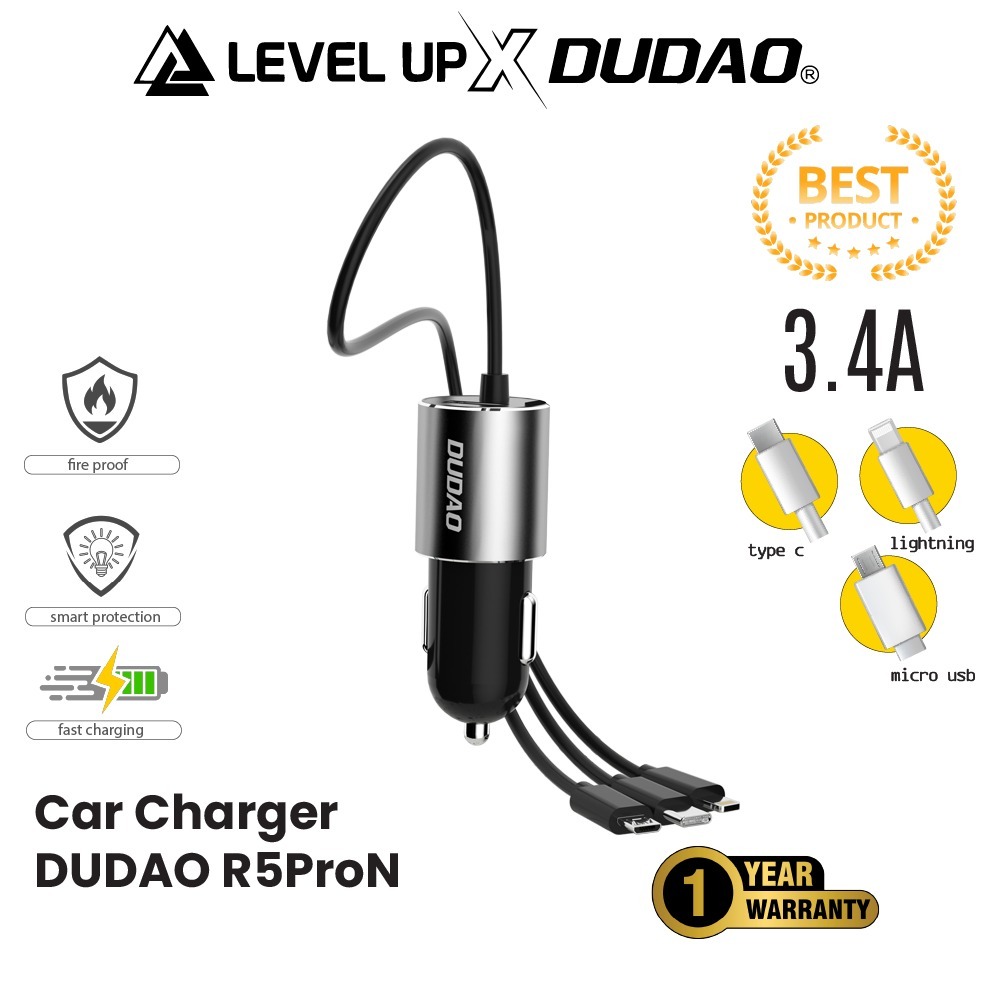 LEVEL UP x DUDAO Car Charger R5PRON 3.4A Max + Kabel USB 1 in 3 1000mm Fast Charging Harga 68,000 rupiah*Gratis Ongkir