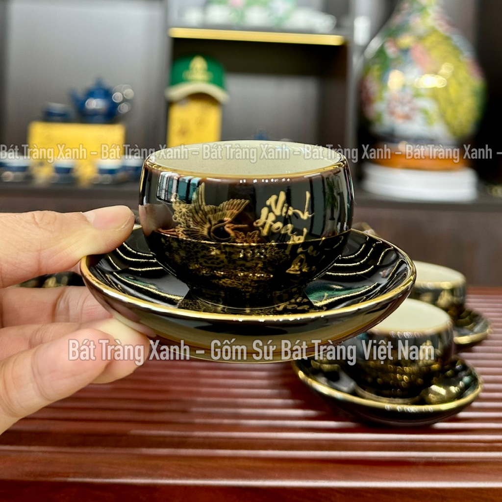Bộ Ấm Chén Men Đen Lòng Trắng Vinh Hoa Phú Quý - Bộ Bình Trà Bát Tràng Đẳng Cấp - Bộ Ấm Trà Vinh Hoa