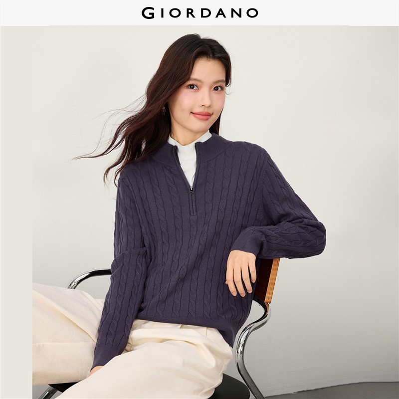 GIORDANO Women Sweaters Cable Knit Mock Neck Sweaters Half Zip Placket Fashionable Casual Sweaters 13356666