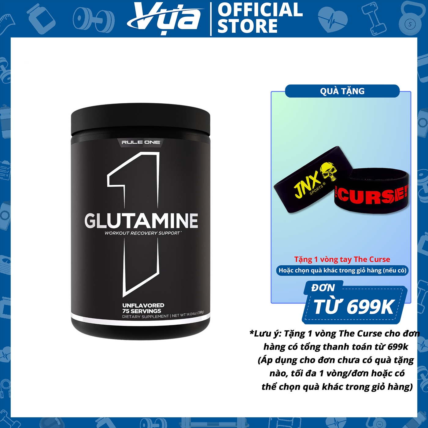 Bột Rule 1 - R1 Glutamine (75 lần dùng) - Hỗ trợ phục hồi cơ bắp, tăng sức đề kháng - Chính Hãng