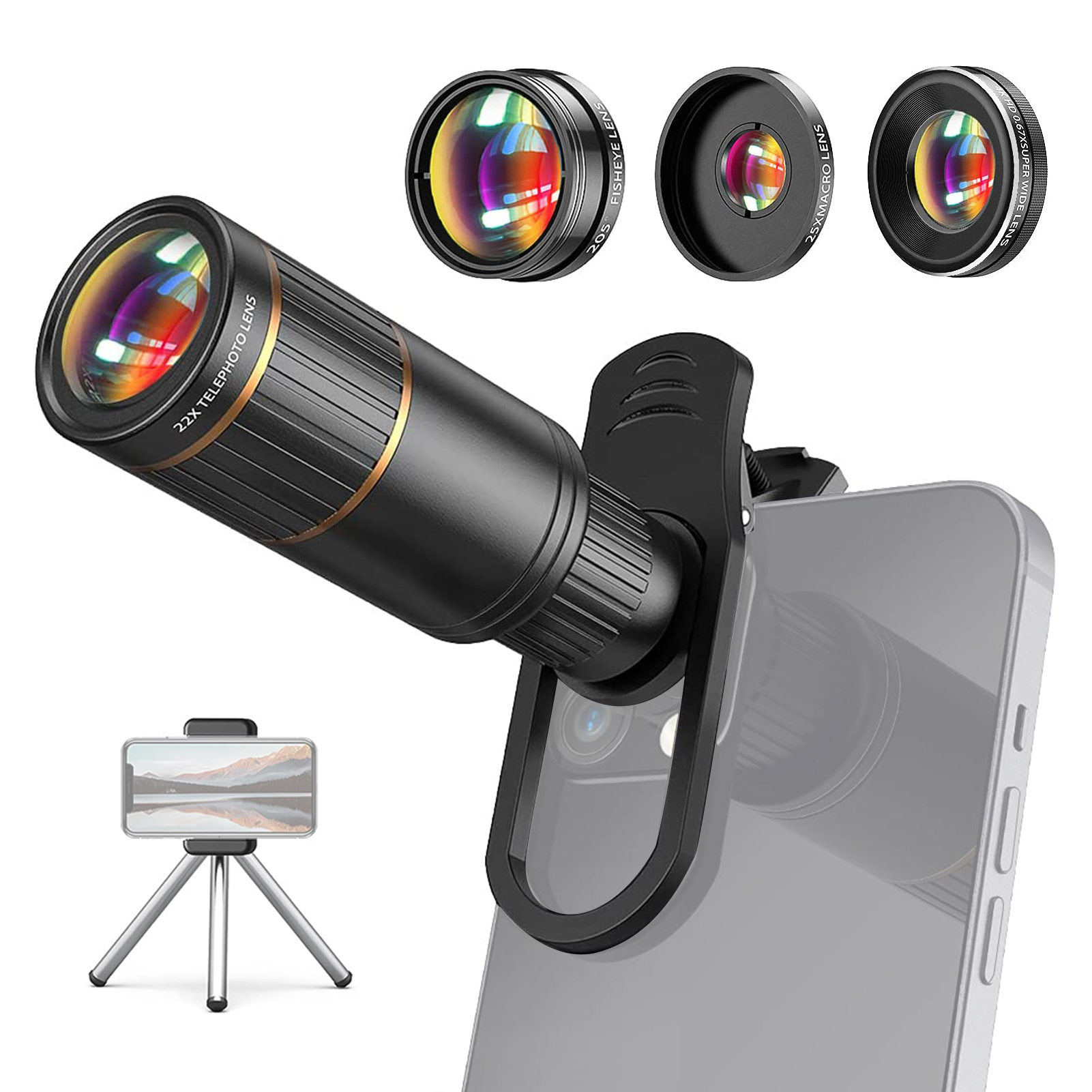 Ống kính máy ảnh Thiết lập Bộ Ống kính kẹp Camera môi 15/14/13/12 4k 0.67X rộng ống kính Ống kính 25x 205 ° Ống kính mắt cá ống kính mắt cá Ống kính 4k thiết lập với 4-trong-1 bộ ống kính 0.67X Ống kính góc rộng với 22X Bộ ống kính Ống kính máy ảnh