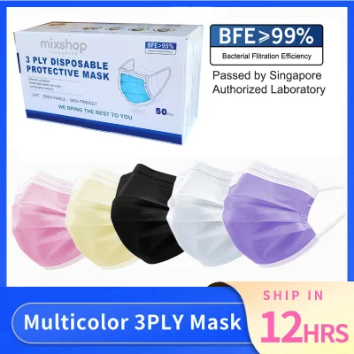 Mask, Medical Mask, BFE>99%, SG READY STOCK, 3 PLY Color Face Mask, Disposable Face Mask, 50 pcs, Black mask, Ear-loop Face Mask