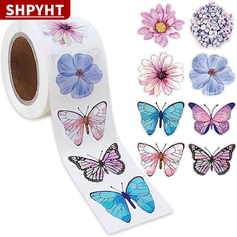 [COD] SHPYHT 500 cái cuộn tinh tế sáng tạo Bướm hoa Sticker đầy màu sắc bướm decals dễ thương trang trí dán văn phòng phẩm quà tặng