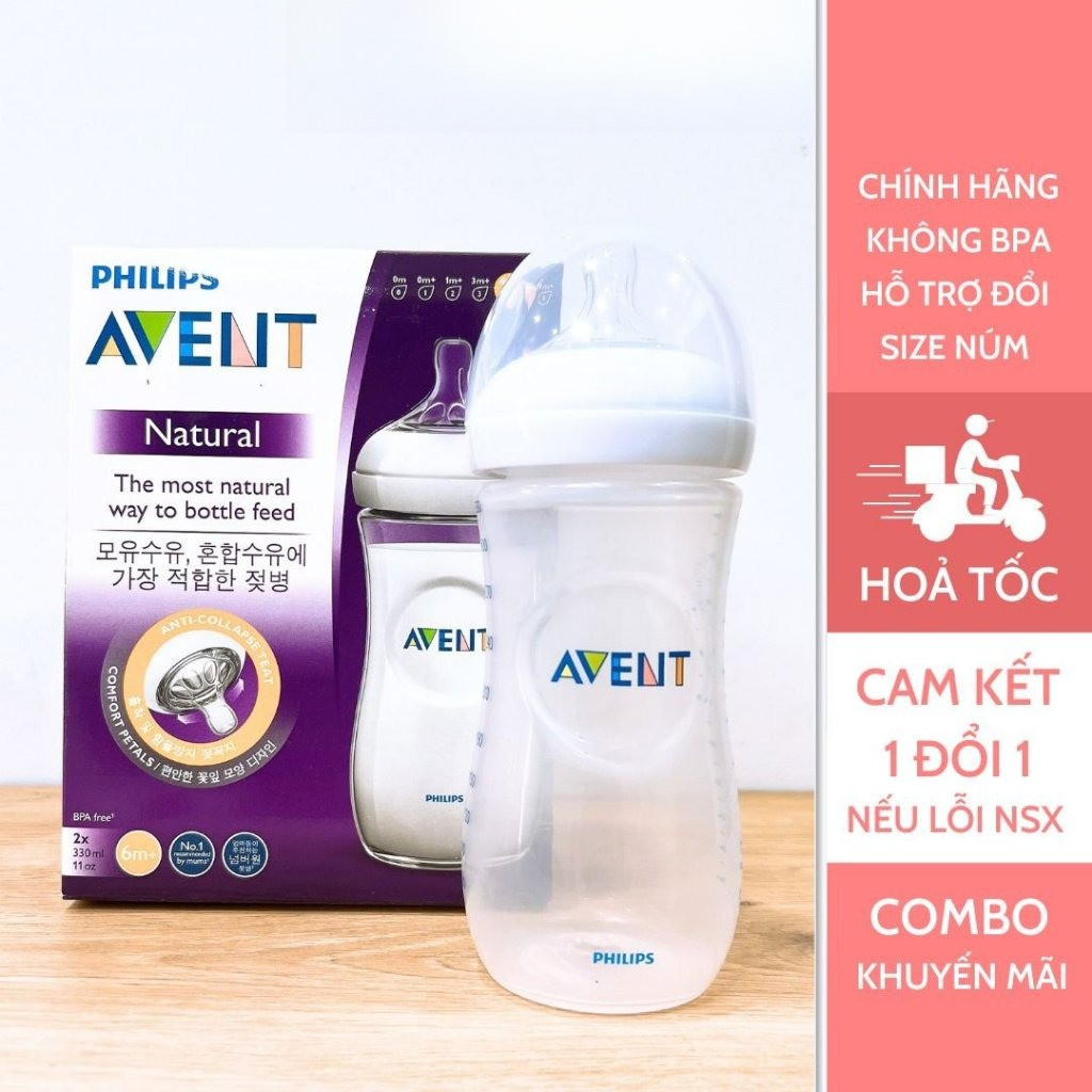 [Xả hàng] Bình sữa Avent Natural 125ml/260ml/ 330ml chính hãng cho bé, được đổi size núm phù hợp