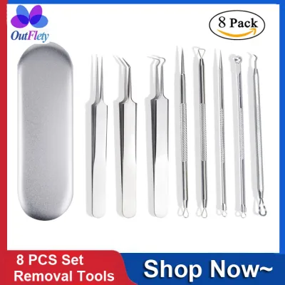 OutFlety 8 Pcs Silver Stainless Steel Acne Removal Tools, Blackhead, Acne, Pimple Blemish Extractor Remover Needle Clipper Tweezers Earpick Beauty Tool Kit Set