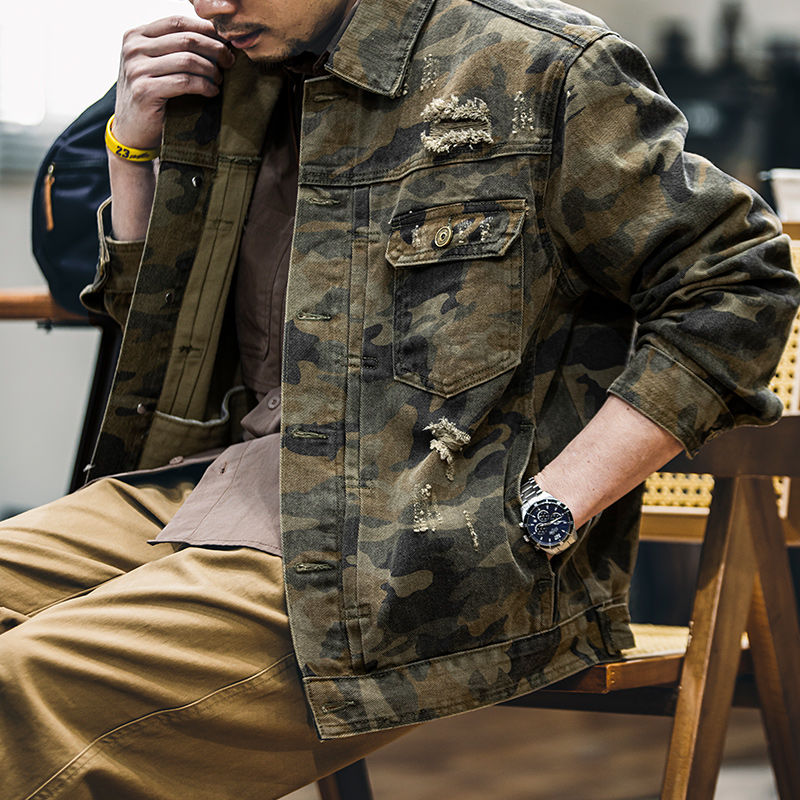 Rằn ri ngụy trang Retro Denim rách Áo Khoác Nam mùa xuân 2025 mới lỏng bảo hộ lao động Áo khoác Mỹ denim áo khoác