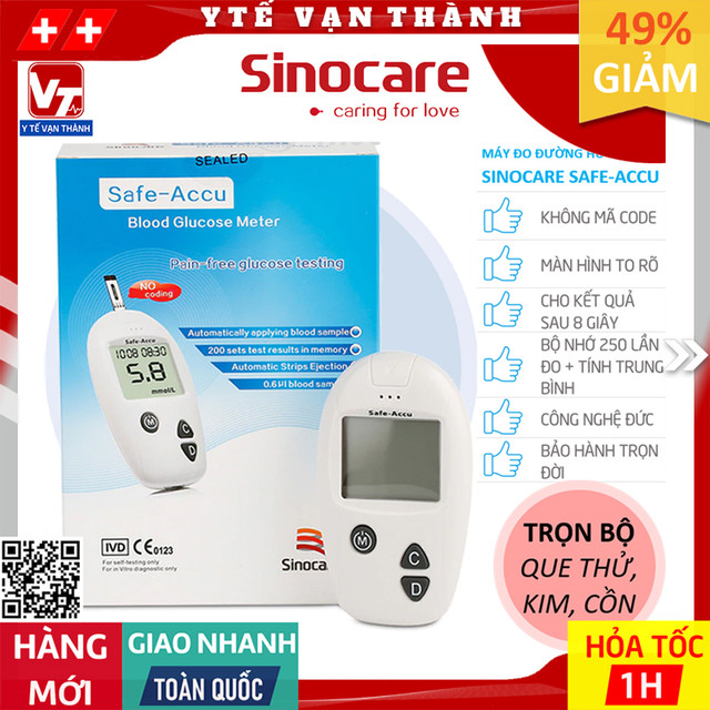✅ [TẶNG QUE, KIM, CỒN] Máy Đo Đường Huyết Sinocare Safe-Accu (+50 Que, 50 Kim, Cồn) -VT0560 - Y Tế Vạn Thành