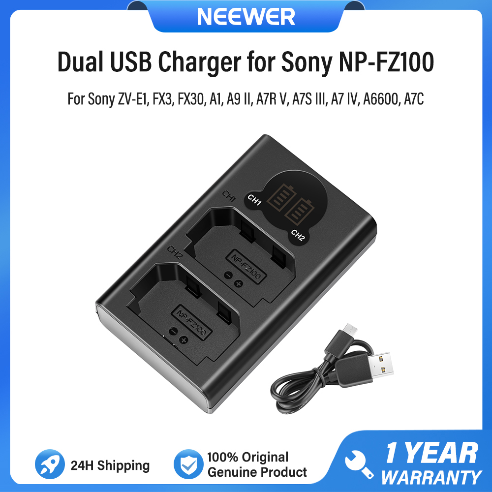 NEEWER Dual USB Charger for Sony NP-FZ100 Battery Bộ sạc USB kép tương thích với máy ảnh Sony ZV-E1 
