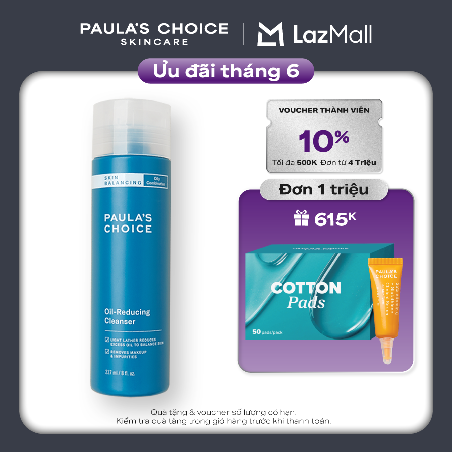 Sữa Rửa Mặt Cân Bằng Độ Ẩm Và Kiềm Dầu cho da dầu, da hỗn hợp  Paula’s Choice Skin Balancing Oil Reducing Cleanser 237ml 1150