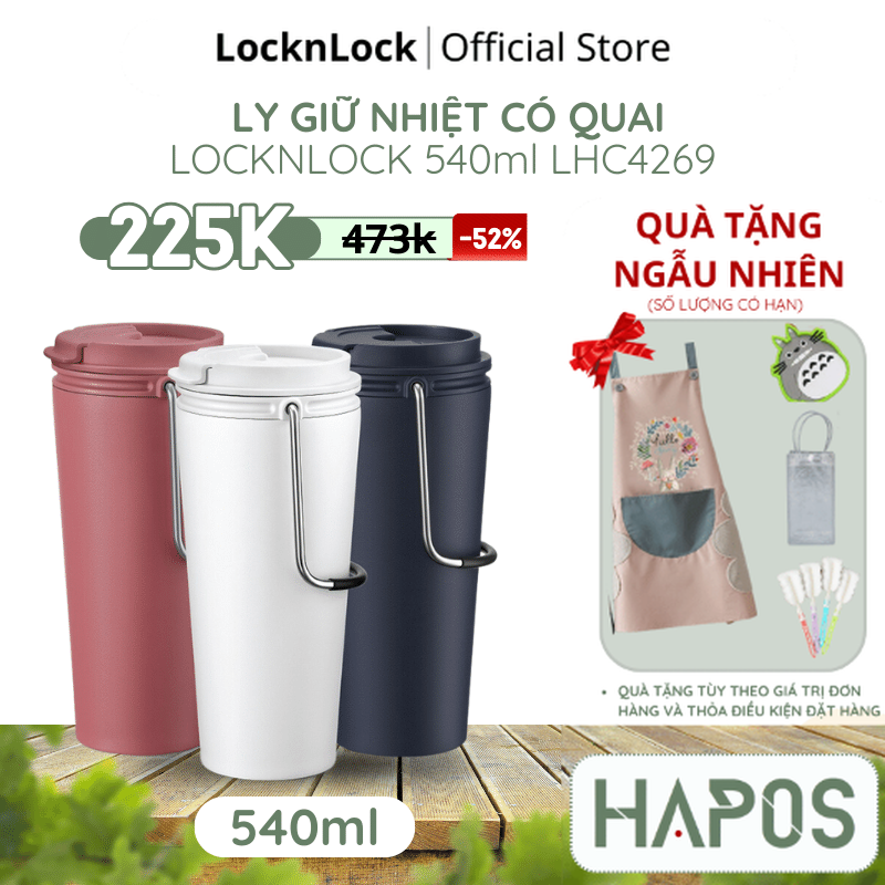 Bình giữ nhiệt LocknLock Bucket Tumbler 540ml LHC4269 (3 màu) có quai xách và ống hút tiện lợi - HAP