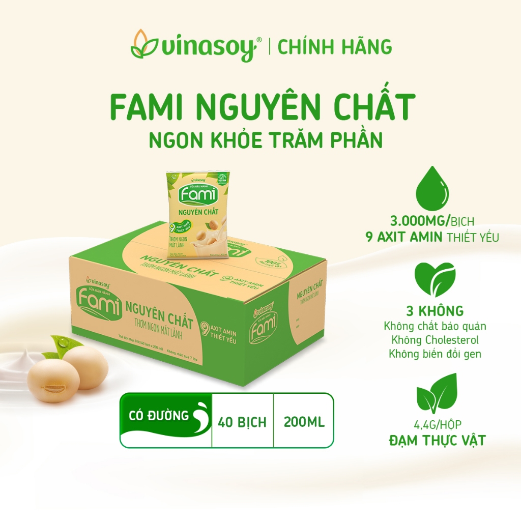 Thùng sữa đậu nành Fami Nguyên chất có đường 40 bịch x 200ml