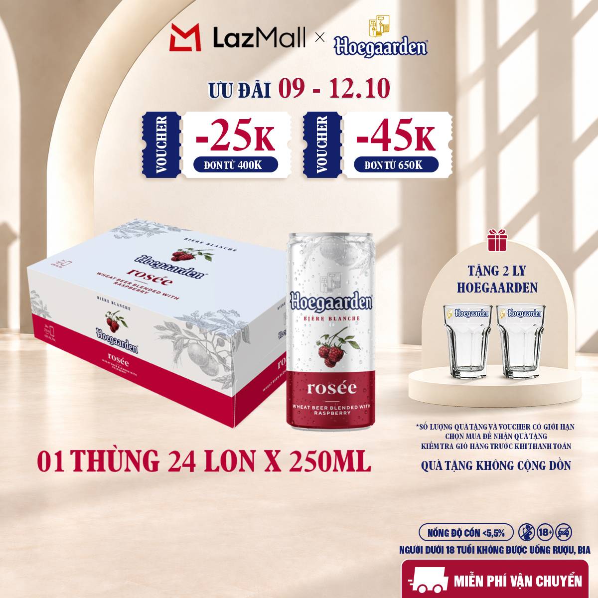 Thùng 24 Lon Bia Hoegaarden Rosée (250ml/lon) - Hàng Mới Về