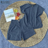 ZANZEA Women Two-piece Outfits Retro Short Sleeve Crew Neck Top Elastic Waist Mini Short Grid Printed Sets #0804
