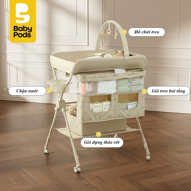 Bàn thay tã quần áo đa năng di động xếp gọn tùy chỉnh độ cao hiệu Babypods (tặng đồ chơi treo)