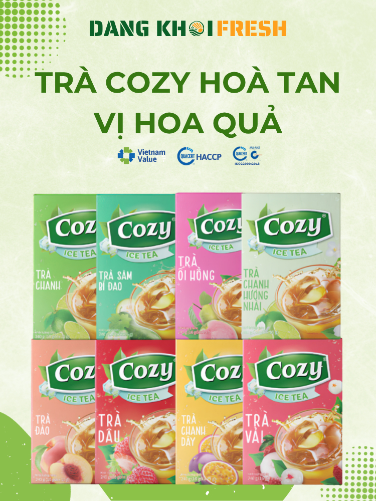 Combo 10 Hộp Trà Đen Hòa Tan Cozy - Trà Đào Gừng Chanh Vải Dâu Ổi Hồng Chanh Dây Sâm Bí Đao 16 gói 15g