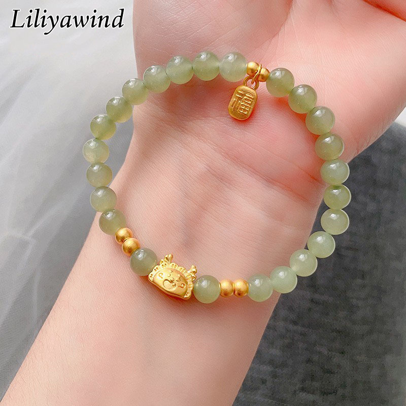 LILIYAWIND Light Green Natural Jade Copper Cute Cartoon Dragon Fu Pendant Women Bracelet