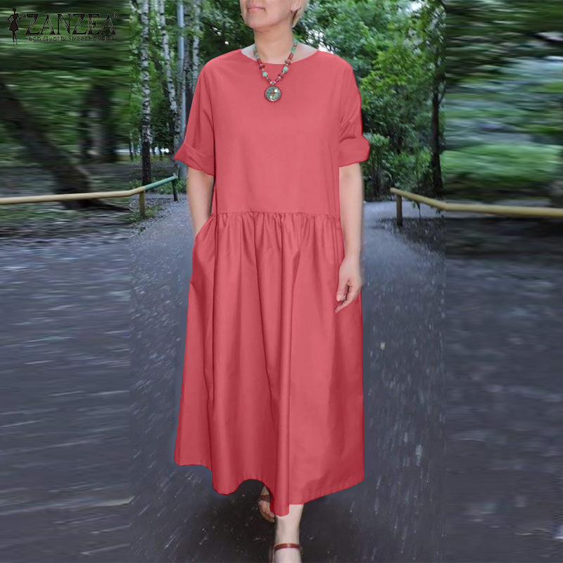 Zanzea Đầm Lửng Nữ Cổ Tròn Tay Ngắn Chữ A thời trang mới Đầm midi trơn #15