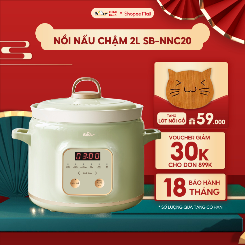 Nồi Nấu Chậm Trực Tiếp BEAR 2L Đa Năng Kho Cá Kho Thịt Nồi Áp Suất Hầm Giữ Ấm Giữ Trọn Chất Dinh Dưỡng B-SB-NNC20