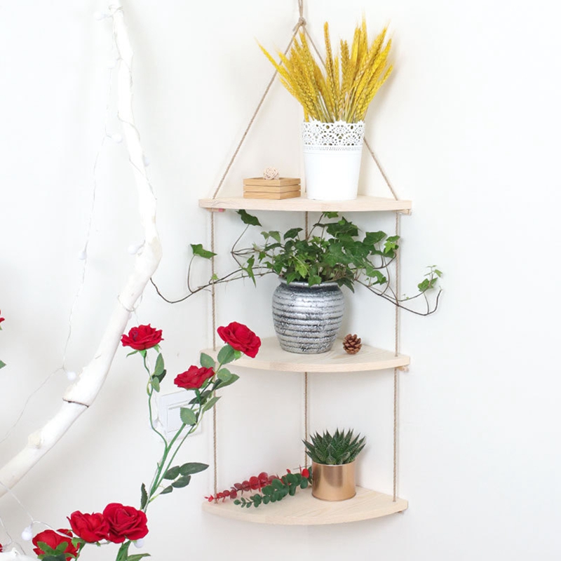 Wood Hanging Corner Shelves with Rope House Storage Organizer Corner Hanging Rack Wall Ladder Floating Shelf
