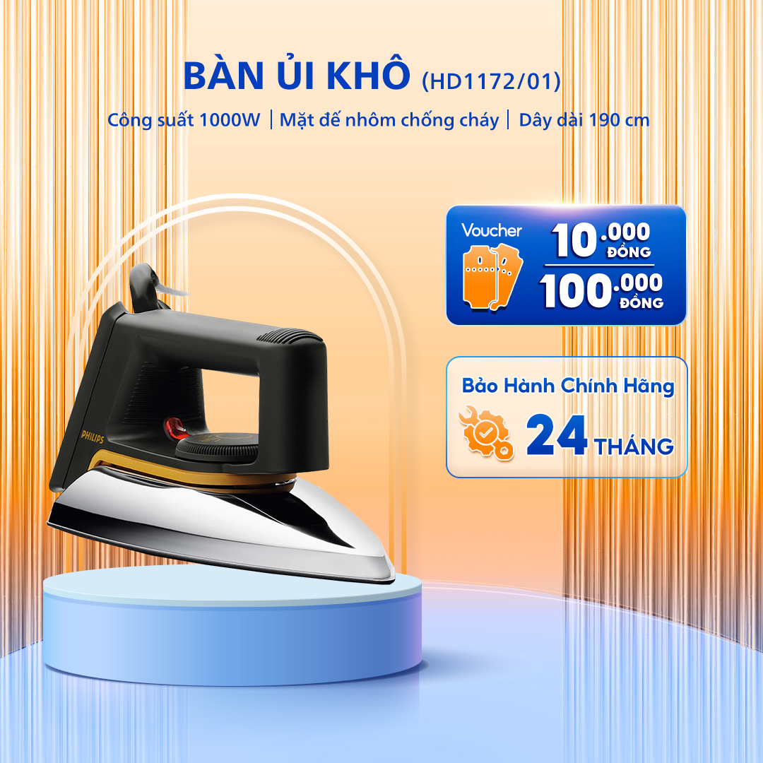 Bàn ủi khô Philips Classic HD1172/01, Công Suất 1000W, Mặt Đế Bàn Ủi Bằng Nhôm - Bảo Hành 24 Tháng
