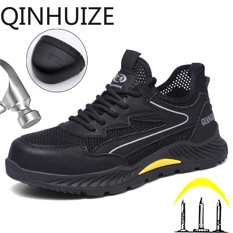 Qinhuize màu đen thoáng khí giày làm việc mới chống đập chống đâm thủng Giày Nam Kiểu bảo hộ ánh sáng Giày bảo hộ mũi thép Giày thể thao công sở