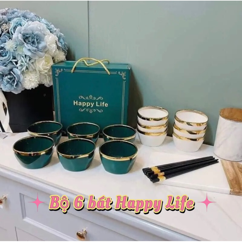 Bộ bát 6 viền mạ vàng cao cấp happy life